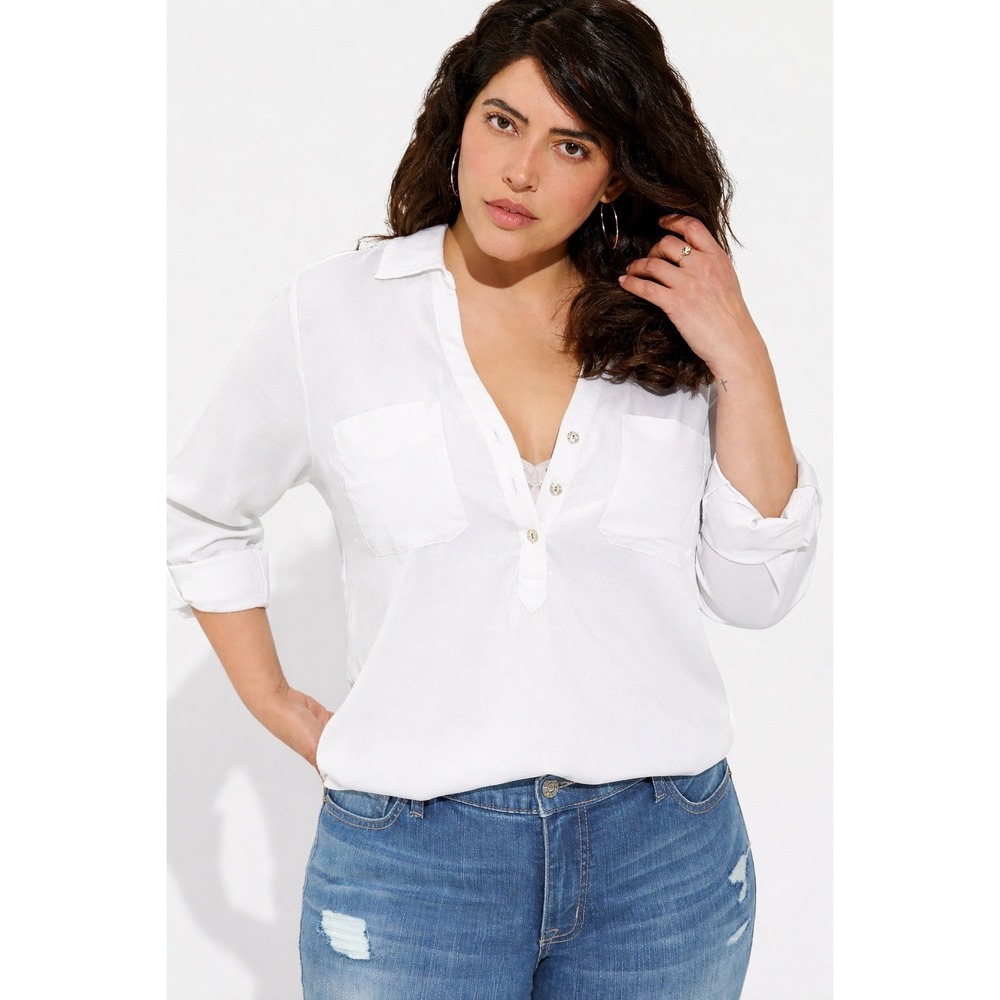Torrid White Rayon Linen Blend Roll Tab Sleeve Popover Blouse Top Plus Size 3 3X